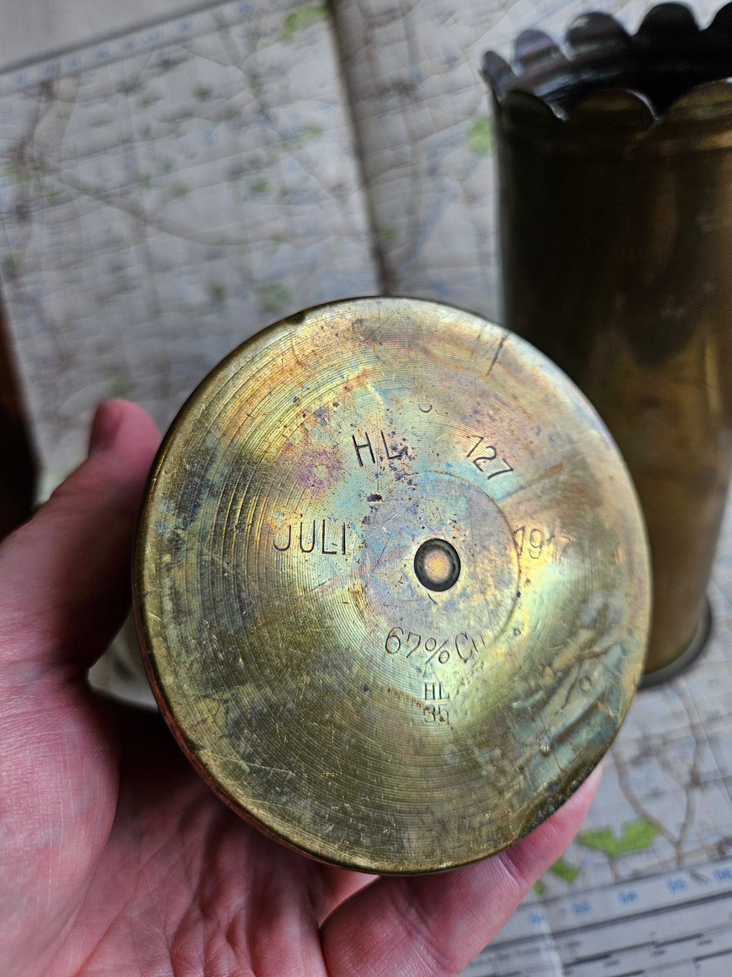 WW1 German Trench Art Vase Pair with French Inscription.