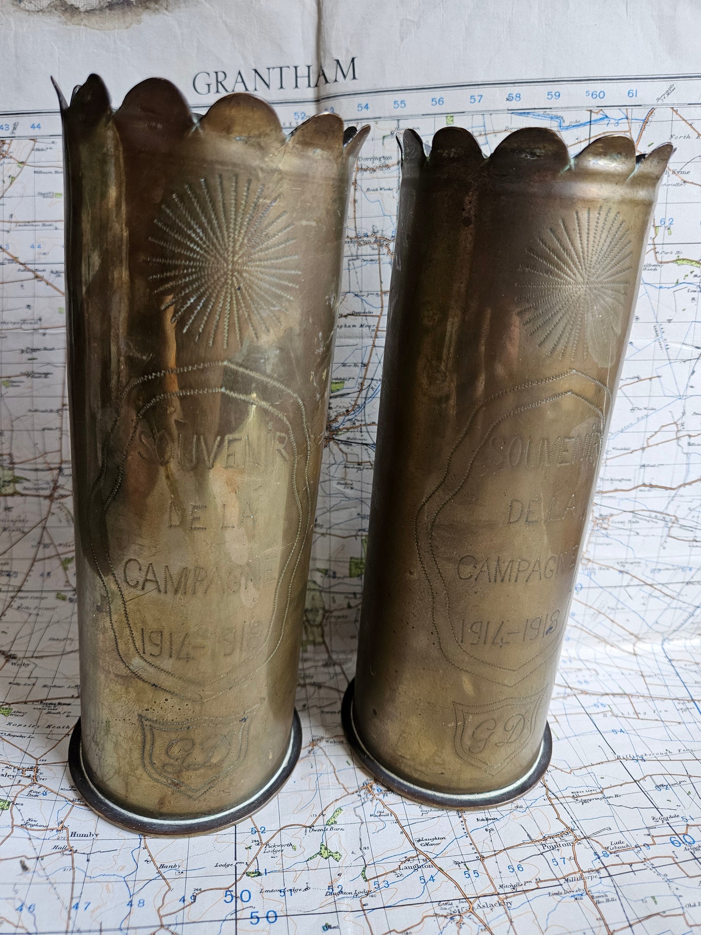 WW1 German Trench Art Vase Pair with French Inscription.