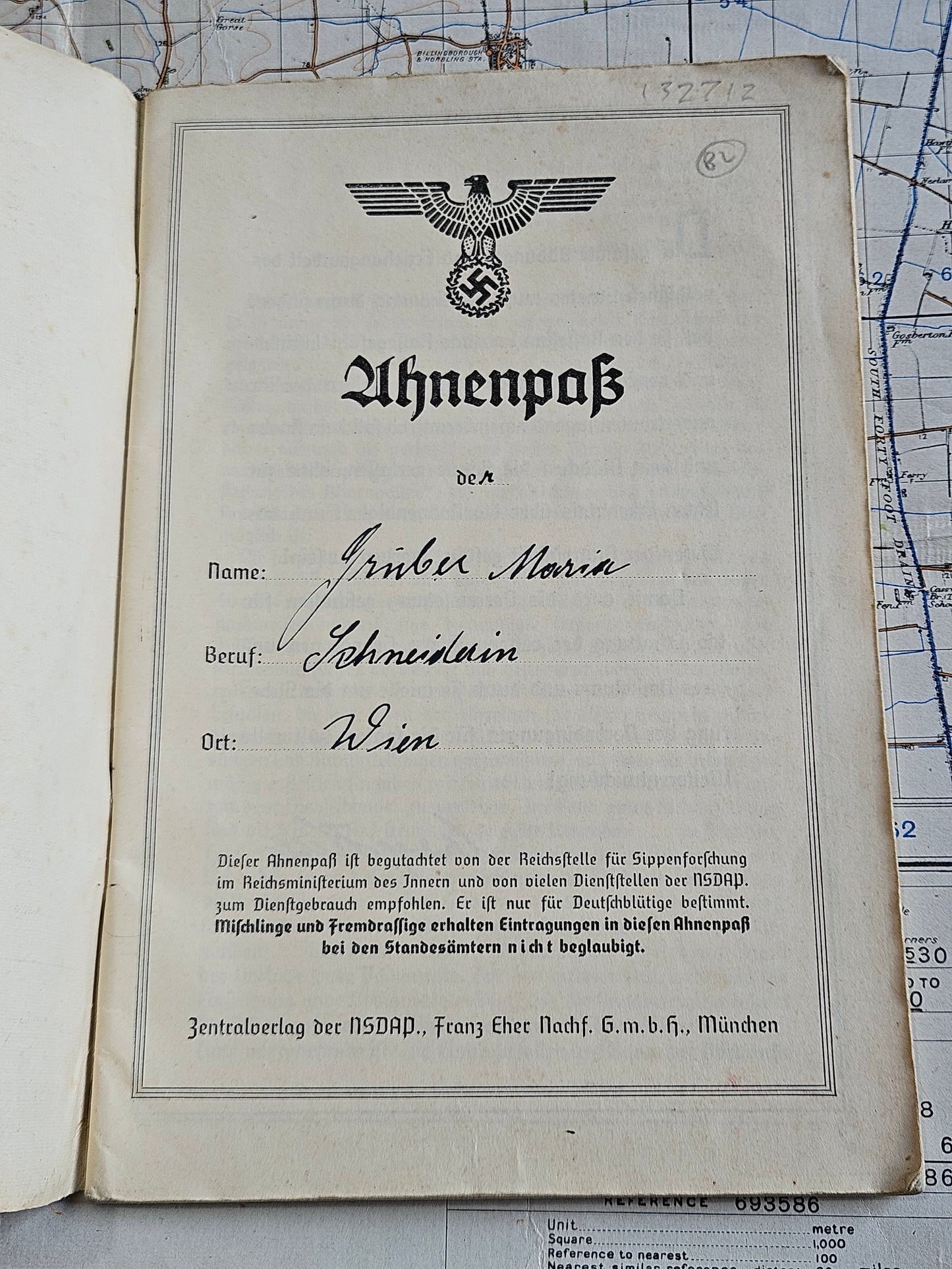 WW2 Nazi Ahnenpass (Ancestor Pass) to certify Aryan Lineage.