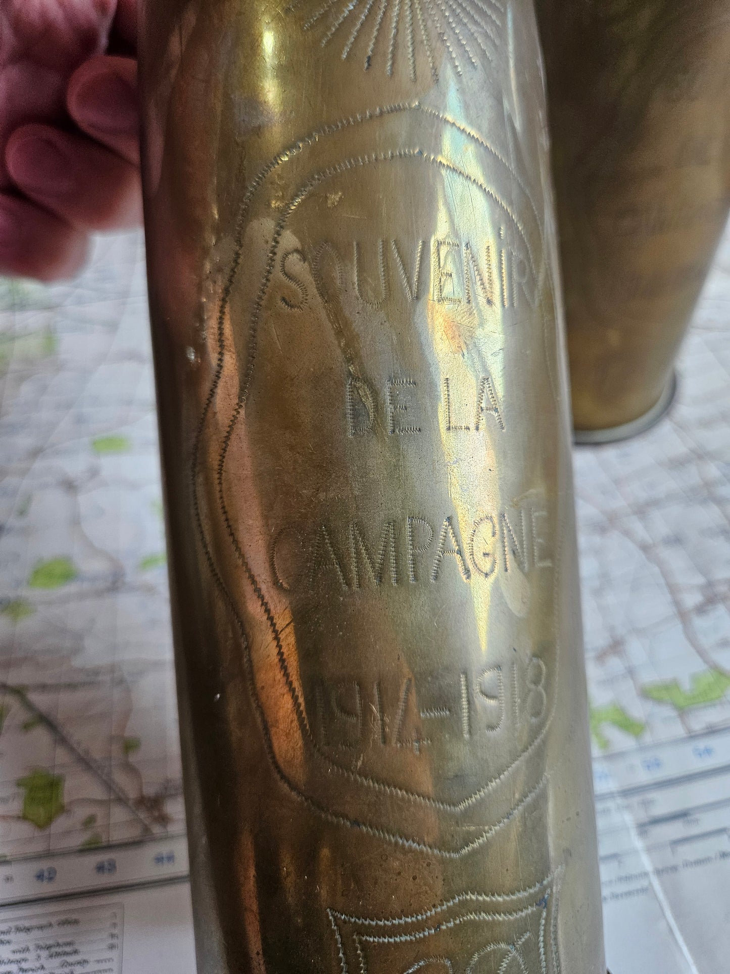 WW1 German Trench Art Vase Pair with French Inscription.