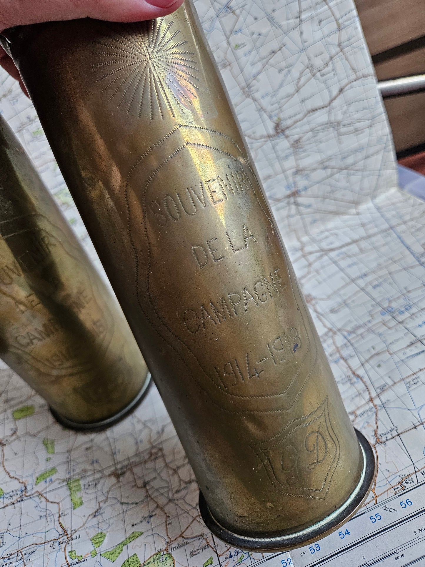 WW1 German Trench Art Vase Pair with French Inscription.