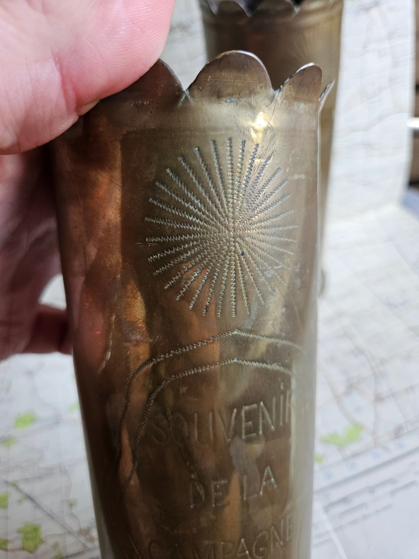 WW1 German Trench Art Vase Pair with French Inscription.
