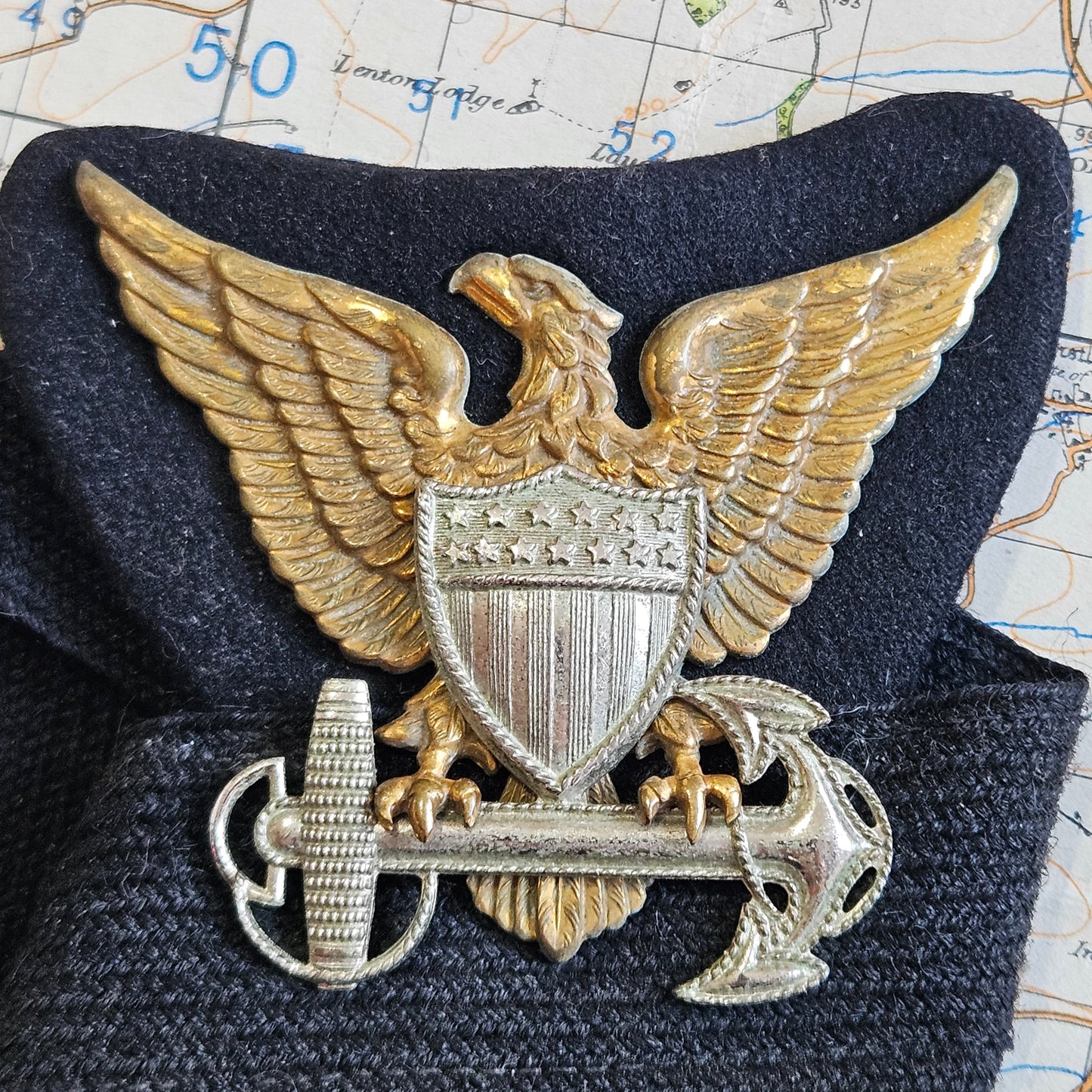 WWII USCG Sterling Silver Officer's Visor Cap Eagle, Cap Band 1940s-50s