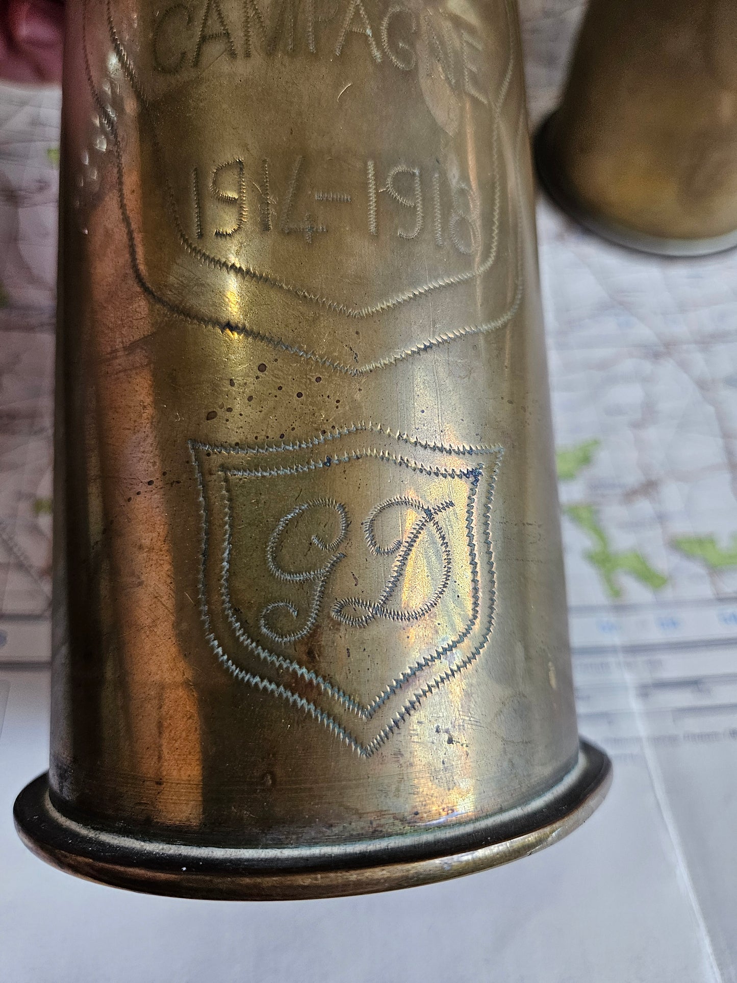 WW1 German Trench Art Vase Pair with French Inscription.