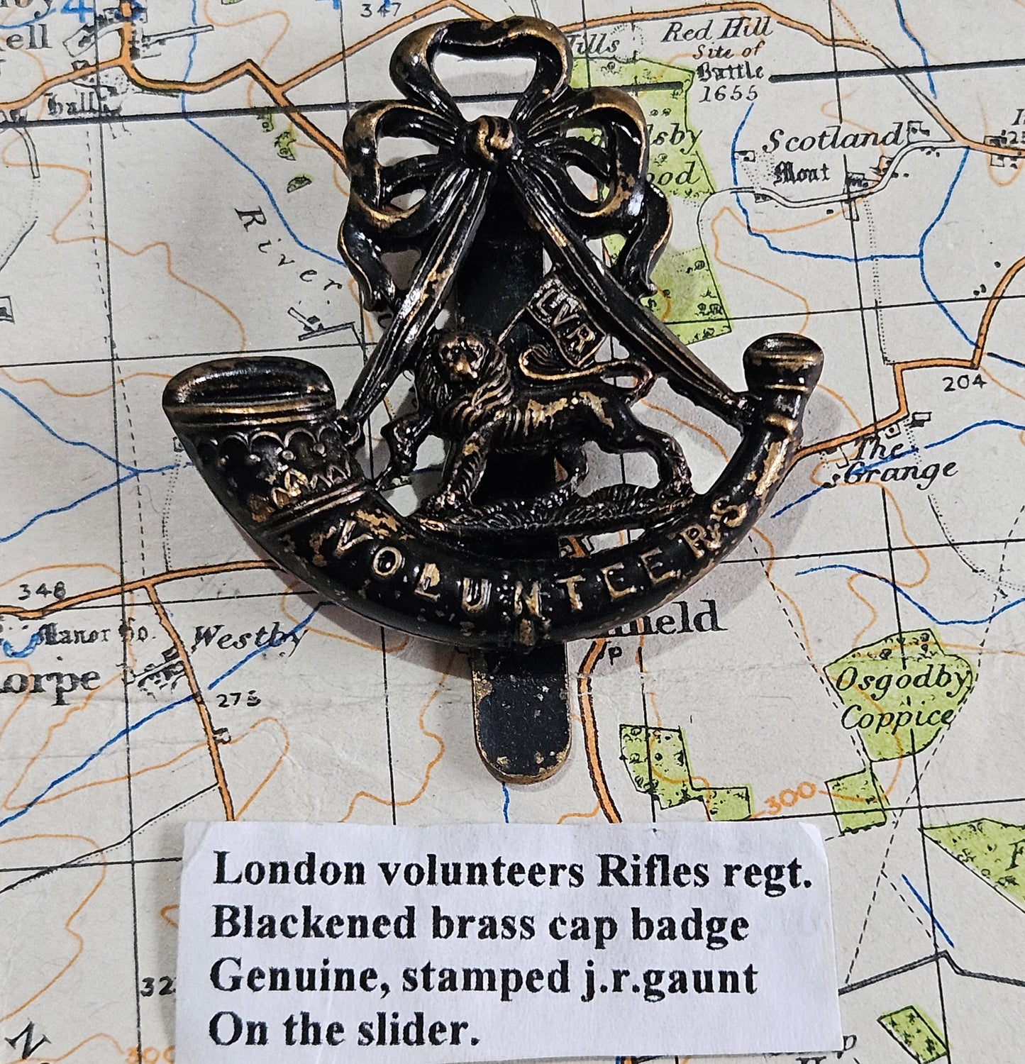 Blackened Brass London Volunteer Rifles Cap Badge by J R Gaunt.