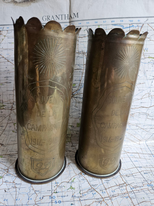 WW1 German Trench Art Vase Pair with French Inscription.