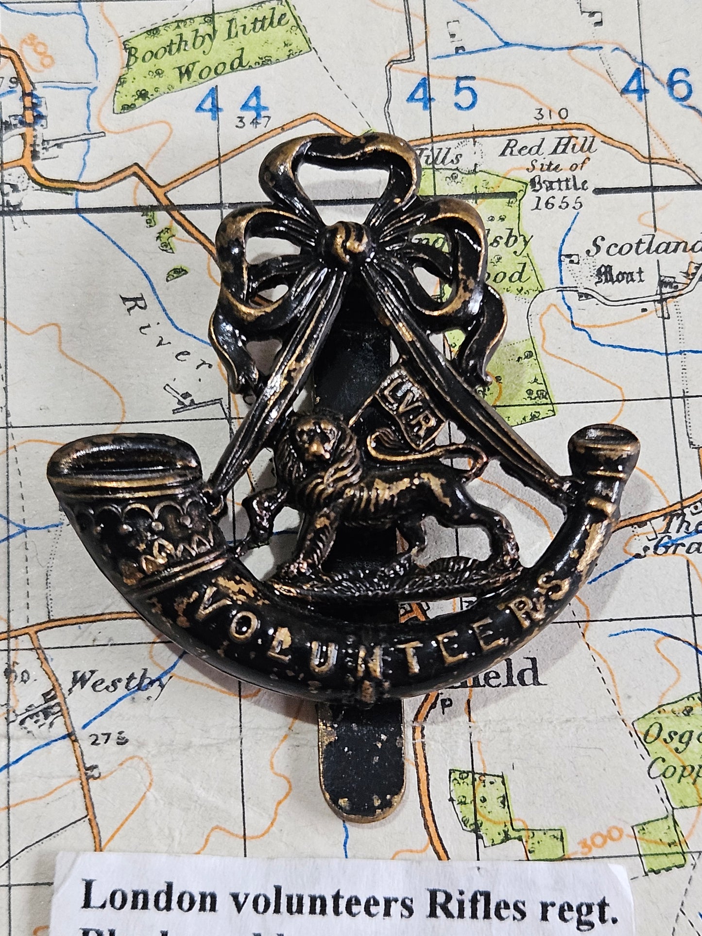 Blackened Brass London Volunteer Rifles Cap Badge by J R Gaunt.