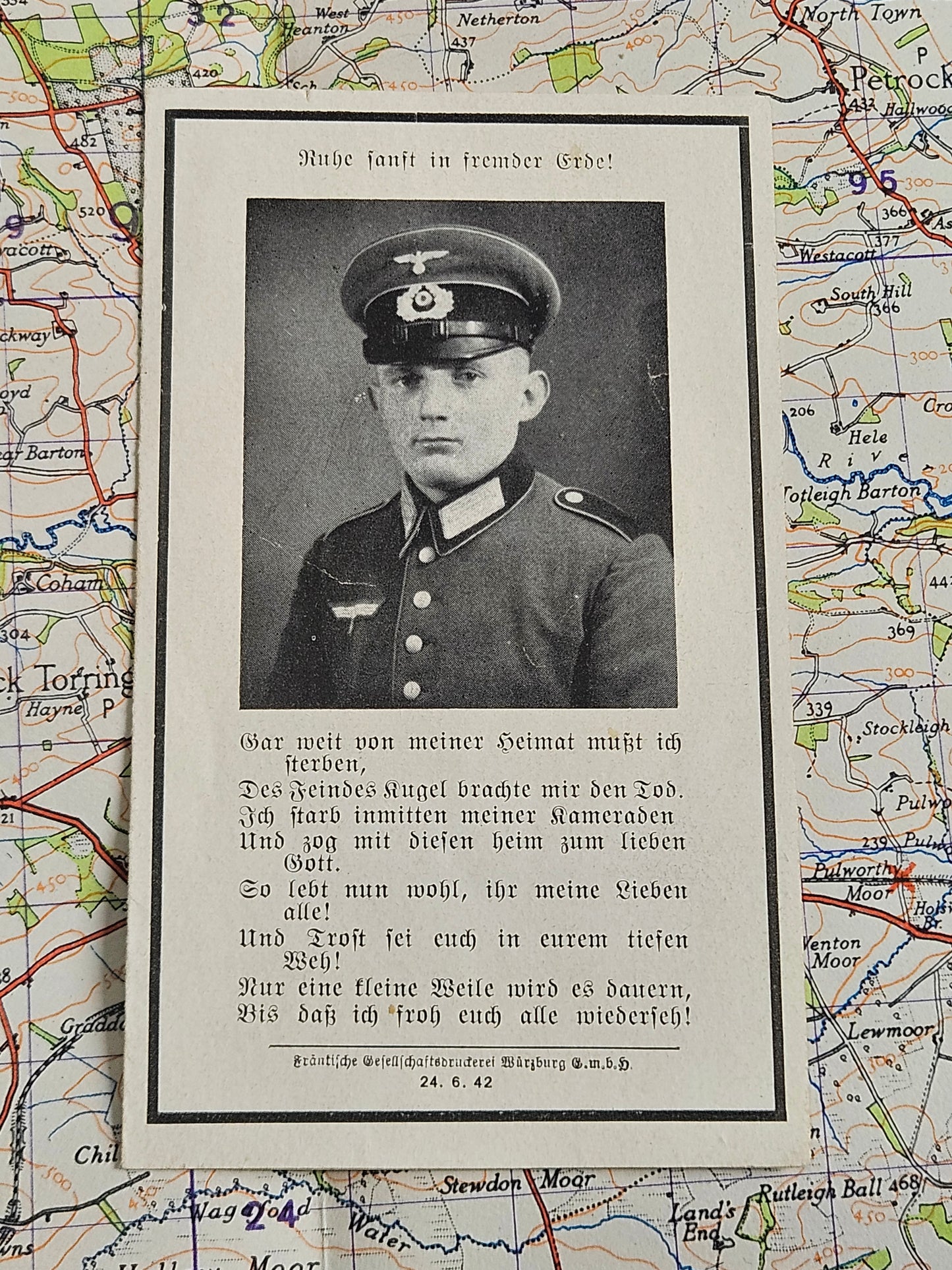 WW2 German Death Card in frame - Rifleman, 1942.