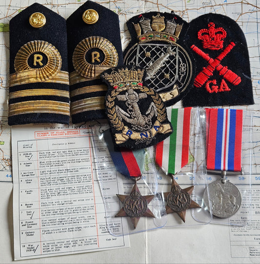 WW2 Royal Navy Reserves Medal Group with Patches - Full Size Medals.