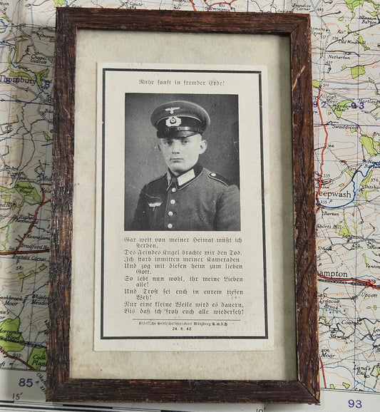 WW2 German Death Card in frame - Rifleman, 1942.