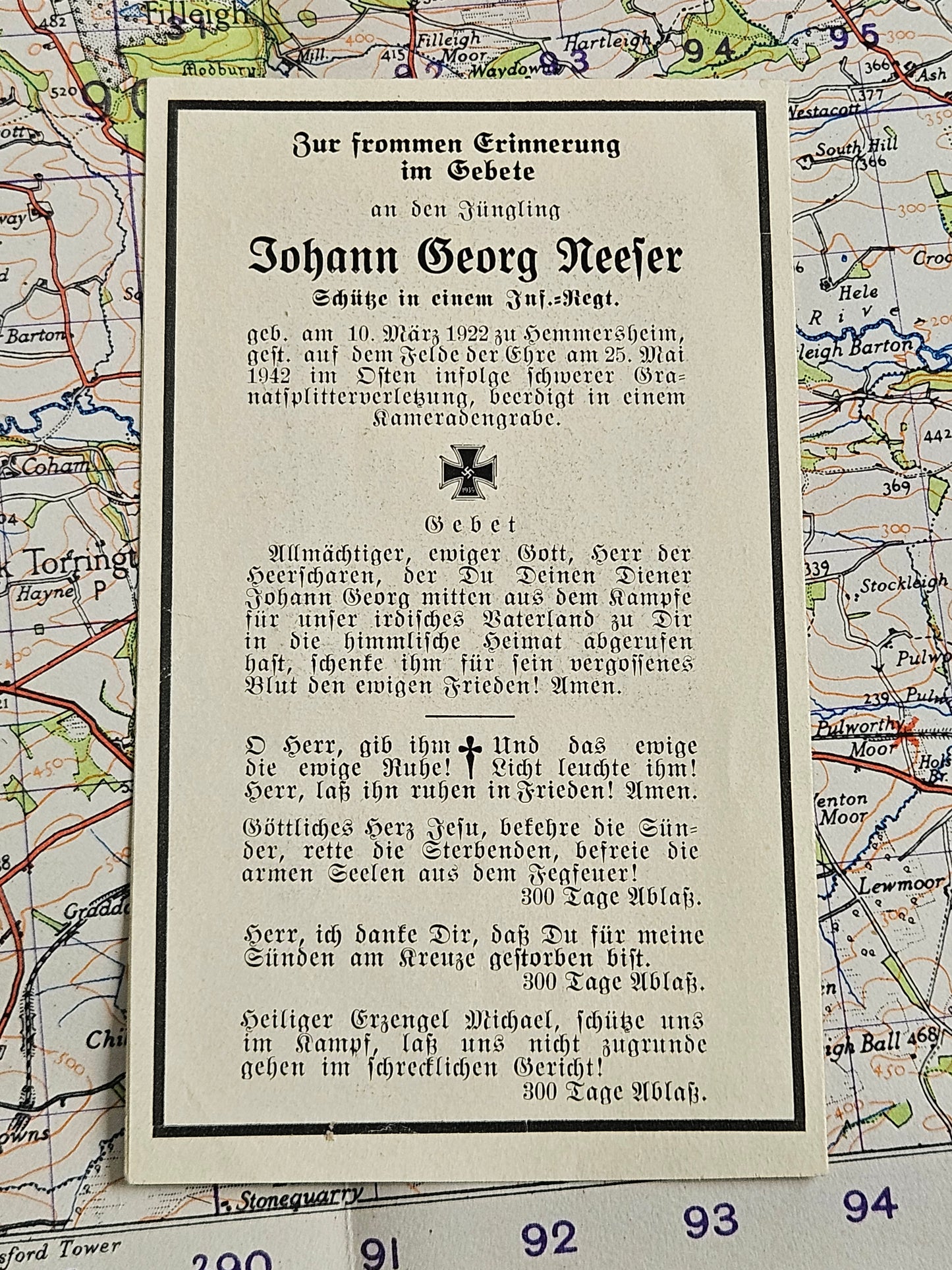 WW2 German Death Card in frame - Rifleman, 1942.
