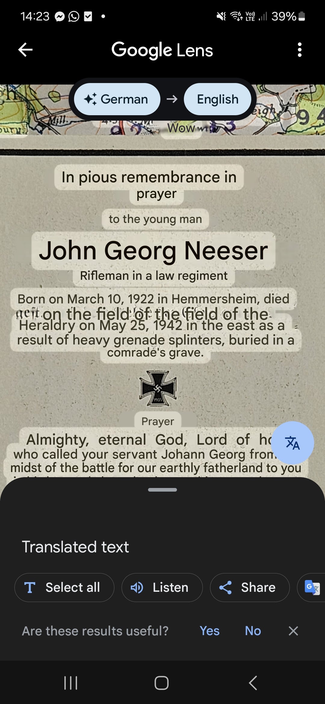 WW2 German Death Card in frame - Rifleman, 1942.